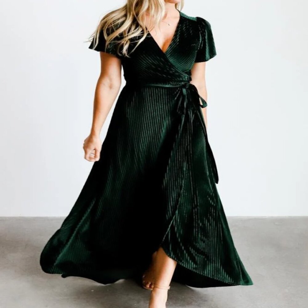 EUC Baltic Born Emerald Green "Andi" Velvet Ribbed Striped Wrap Maxi Dress